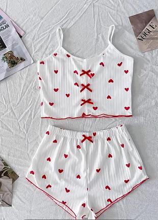 Набір піжами з сексуальним принтом сердець для жінок, з в'язаними стрічками, топом-камі з відкритою спиною та шортами, нічний одяг