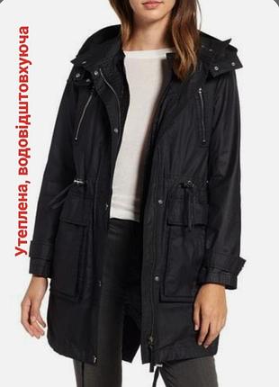 Черная зимняя женская куртка парка с капюшоном капюшоном, утепленная, вощеная ткань, с пропиткой, водоотталкивающая