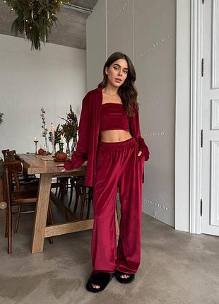 Женские домашний костюм комплект пижама тройка велюровый велюр с топом пижама