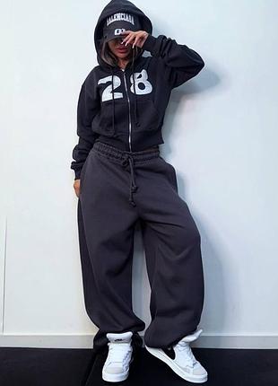 Стильный оверсайз костюм трехнитка на флисе, спортивный базовый, брючный, зп худи плаццо