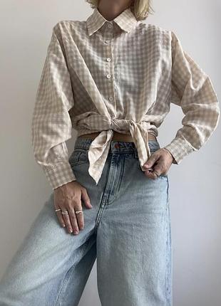 Бежевая удлиненная оверсайз рубашка в клетку 796 12