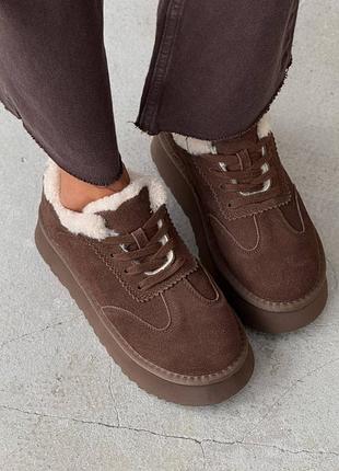 Модные женские замшевые сноубутсы на шнуровке цвет шоколад