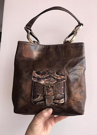 Сумка кожаная esperanza-винтажная,некзотическая,базовая, коричнево-золотая, с отделкой текстуры под питона