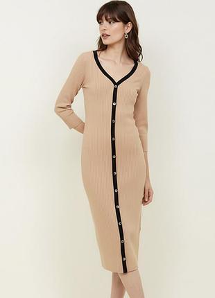 Нова облягаюча бежева сукня міді у рубчик uk 12 l