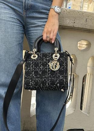 Сумка диор small lady bag black tweed/white cannage motif