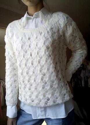 Махеровый свитер паутинка, белый свитер свободной вязки, длинный свитер, белый свитер с дырочками, женский свитер удлинённый, тёплый свитер мохер