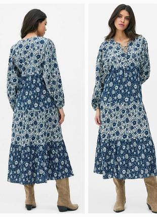 Каскадное платье в сине-бежевое цветочное принт. primark (размер 36-38)