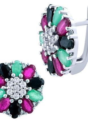 Серебряные серьги proba с натуральным сапфиром 6.665ct, изумрудом, рубином (1843116)