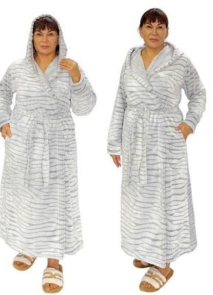 Халат теплий жіночий довгий махровий шиншилла з капюшоном 48-58