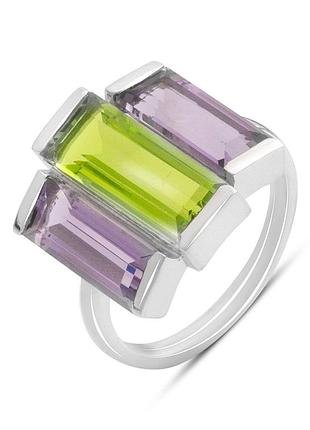 Серебряное кольцо proba с натуральным аметистом, хризолітом, вес изделия 5,21 гр (2183211) 18.5 размер