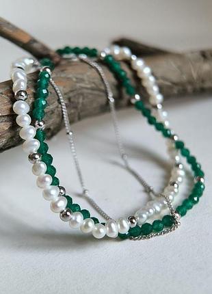 Срібний браслет proba з натуральними перлами баричним, зеленим жадеїдом, вага виробу 6,93 г (2184966) 1821