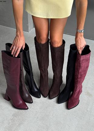 Чоботи на підборах трапеція чорні коричневі шоколадні бордові шкіряні замшеві демі демісезонні зимові 9884 9889