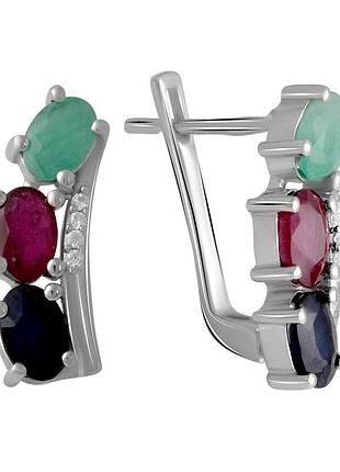 Серебряные серьги proba с натуральным сапфиром 3.632ct, изумрудом, рубином (2057284)