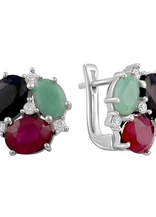 Серебряные серьги proba с натуральным сапфиром 8.813ct, изумрудом, рубином (2096610)