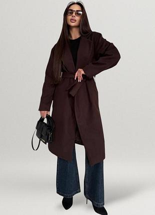 Пальто женское кашемировое на запах классическое удлиненное с поясом меди повседневное стильное с английским воротником коричневое шоколад