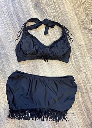 Купальник трусики-спідниця чорний з бахромами