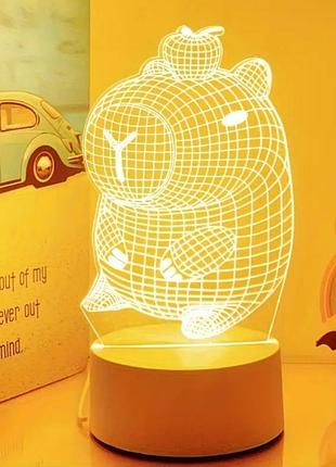 3d led нічник капібара з яблуком — декоративний світильник з ефектом ілюзії