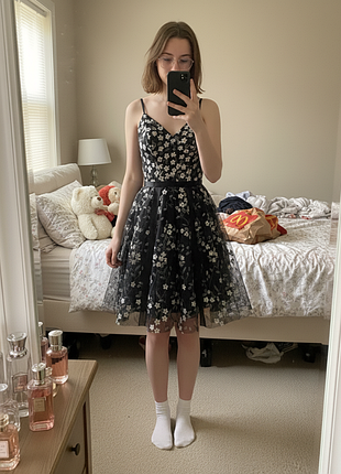 Новое с этикеткой черное ⭐⭐⭐⭐⭐ женское платье-сарафан с белым цветочным принтом и атласным поясом размер s или m 🆕 совершенно новое