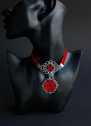 Авторское красное черное колье дукач на бархатной ленте украинские украшения под вышиванку