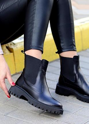 Универсальные кожаные женские черные ботинки зимние ботинки натуральная кожа зима
