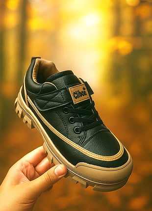 Кроссовки clibee эко кожа черные с бежевым шнурок, липучка с супинатором, подошва резина, кожаная стелька