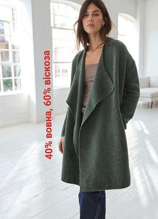Зеленое натуральное шерстяное пальто, кардиган, миди, италия, без застежки, пальто на запах, с кошенями, шерсть