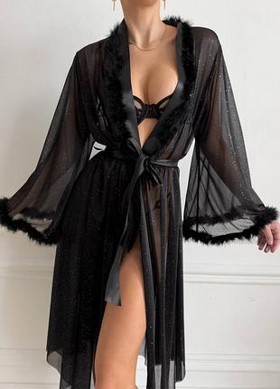 Халат домашний черный женский с поясом длинный меди