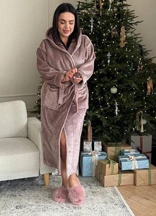 Халат домашний коричневый махровый теплый осенний весенний зимний с поясом и капюшоном длинный