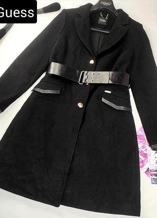 Пальто жіноче чорне вовна з широким поясом від бренду guess los angeles m
