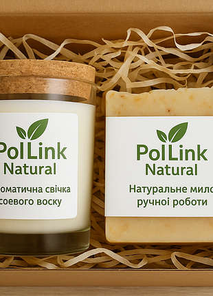 Подарочный набор pollink natural | ароматическая соевая свеча + мыло ручной работы с оливковым маслом и медом