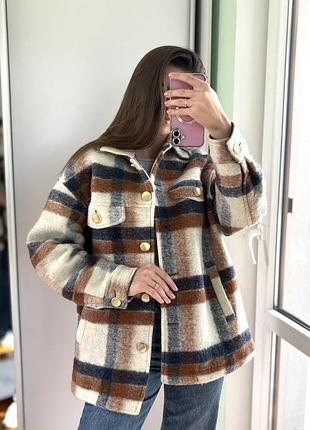 Пальто сорочка zara в клітинку вовняне тепле з підкладкою