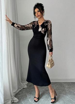 Платье миди черная пайетки