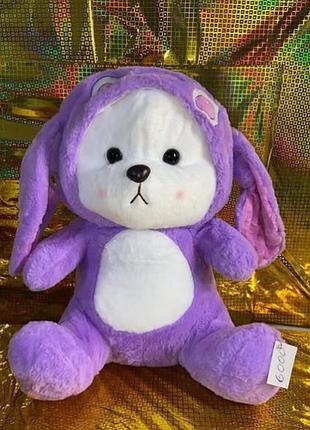 М'яка іграшка 2 в 1 ведмедик із пледом у капюшоні стіч фіолетовий для дітей 42 см