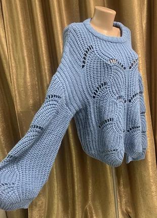 Трендовий теплий в'язаний синій светр gina tricot оверсайз реглан з пишними рукавами розмір xl/2xl
