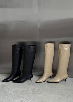 Сапоги трубы деми демисезонные черные бежевые кожаные на каблуке рюмочка 11070 11071