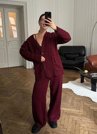 Luxe повседневный костюм брючный кардиган длинный брюки высокая посадка теплый, вязаный костюм пуговицы v вырез