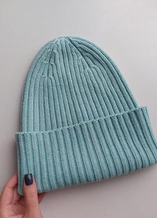 Шапка бини вязаная теплая зимняя женская из мериноса, кашемира и вискозы, голубая, мятная, зеленая, салатовая