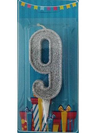 Свеча на торт цифра 9 серебро