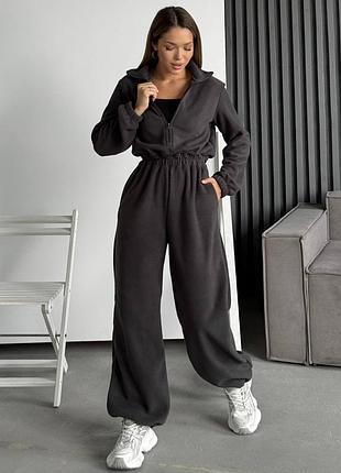 Комбинезон женский теплый флисовый спортивный повседневный ромпер комбез приталенный стильный демисезонный зимний осенний удобный модный casual графит