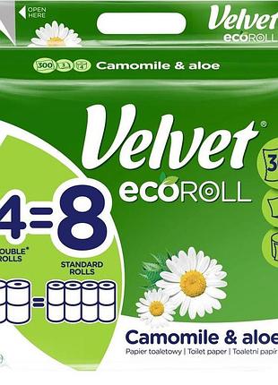 Туалетная бумага velvet eco roll camomile & aloe 3 слоя 300 отрывов 4 рулона