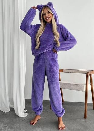 Костюм пижама с ушками милый плюшевый мягкий домашний комплект женский худи с капюшоном штаны джоггеры лавандовый