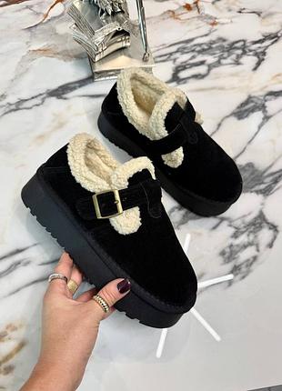 Натуральные замшевые зимние черные короткие угги - сноубутсы на утолщенной подошве 40-41р.