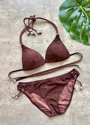 Коричневий роздільний купальник під замшу з плетеними. бретелями