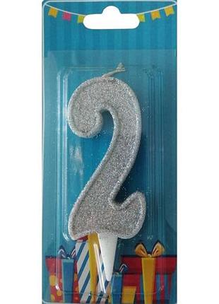 Свеча на торт цифра 2 серебро