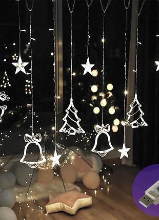 Гирлянда штора xr-9w звезды, елки, олени, колокольчики (12 фигурок) 3 х 1м, usb и батарейка, белая