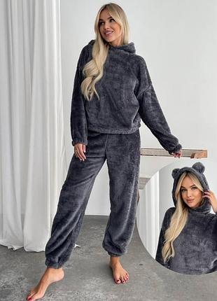 Костюм пижама с ушками милый плюшевый мягкий домашний комплект женский худи с капюшоном штаны джоггеры серый графит