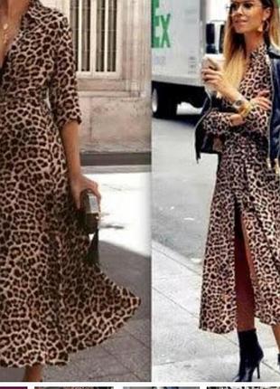 Стильное трендовое платье- халат миди  zara  в леопардовом принте, с длинным рукавом, 40/l/48.