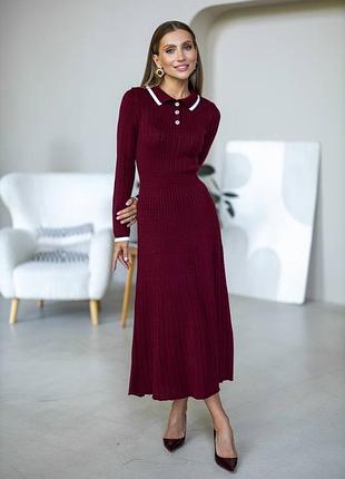 Накладной платеж ❤ 100% хлопок вязаное трикотажное праздничное платье миди с воротничком поло на пуговицах в косы в стиле олд мани