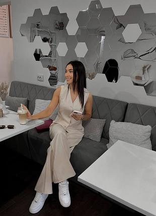 Красивий костюм беж жилет брюкі прямі паллацо бежевый бирюза