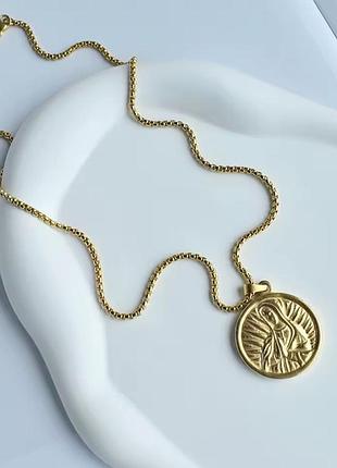 Кольє сталеве з кулоном ланцюжок на шию цепочка під золото підвіска кулон монета діва марія нержавіюча сталь